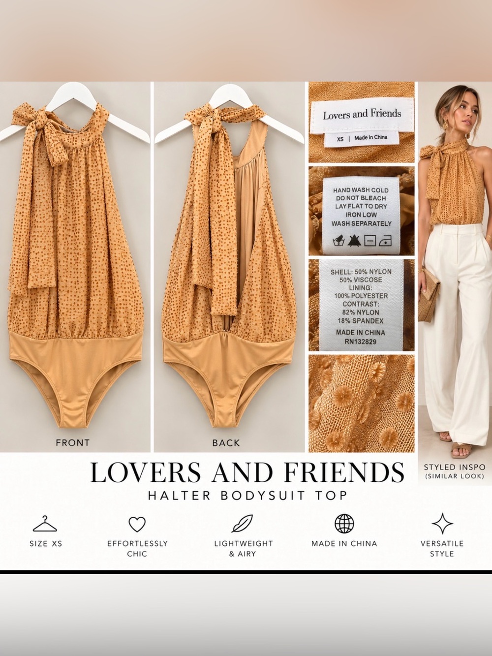 Lovers + Friends Caramel Textured Halter Bodysuit